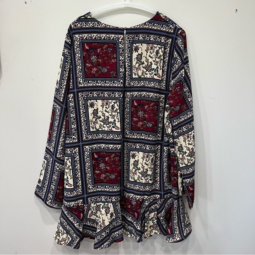 Lulu's Burgundy, Cream & Navy Patchwork Floral Ruffle-Hem Mini Dress - Picture 8 of 12